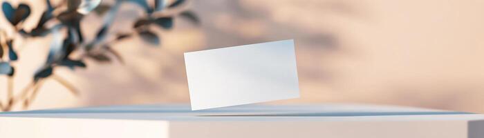 A blank business card floats in midair, casting a soft shadow beneath it. The background features a smooth gradient, enhancing the sleek and modern design, ideal for branding presentations photo