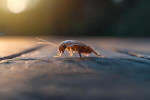 A cockroach stands still on an aged wooden surface, illuminated by soft natural light. The textures of its exoskeleton and the wood grain are highlighted, creating a detailed ecological view photo