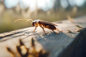 A single cockroach stands motionless on a slightly weathered wooden surface, illuminated by soft natural light. The outdoor background is blurred, emphasizing intricate textures photo