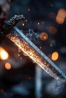 A strong blacksmith proudly raises a freshly forged sword with a glowing blade. The cool air captures the steam rising as tools and embers scatter in the blurred background photo