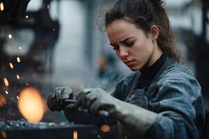 Focused and determined female blacksmith works on heated metal, using hammer and tongs. The industrial environment features heavy machinery and glowing forge embers, highlighting craftsmanship photo