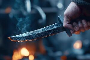 A determined blacksmith lifts a freshly forged sword, its hot blade steaming in the cool air of the rustic forge. Tools and glowing embers create a backdrop of craftsmanship and resilience photo