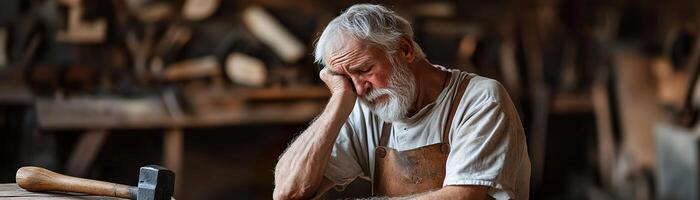 An elderly blacksmith wipes sweat from his brow while sitting on a wooden bench, surrounded by tools and relics of his craft in a warm, rustic workshop photo