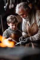 en un cálido, nostálgico atmósfera, un joven aprendiz cercanamente relojes un Maestro herrero como él formas brillante metal en un tradicional fragua, rodeado por herramientas y parpadeando luz de fuego foto