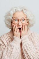 An expressive senior woman with trendy glasses joyfully covers her mouth in laughter. She wears a soft cardigan and is set against a simple light gray background that enhances her playful mood photo