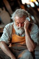 Seated on a wooden bench, an elderly blacksmith wipes sweat from his brow, his hammer resting beside him in a warm, nostalgic workshop filled with relics of craftsmanship photo