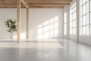 Empty loft space with wooden beams and concrete floors, highlighting stylish brick and white wall textures. Large windows create natural light patterns and shadows photo