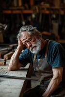 An elderly blacksmith sits on a wooden bench, wiping sweat from his brow. Warm light illuminates his rustic workshop, filled with old tools and the spirit of craftsmanship photo