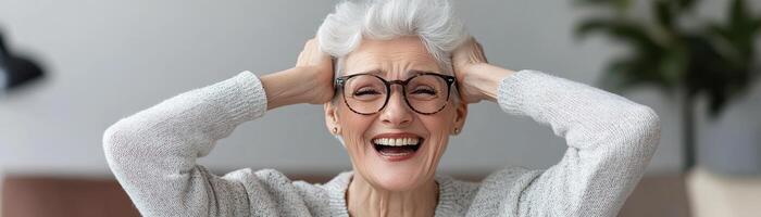 A stylish senior woman in casual clothes holds her head with both hands, laughing in joyful surprise. The background is softly blurred to emphasize her expressive reaction in a professional setting photo