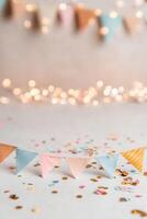 Bright bunting in pastel colors and scattered confetti enhance a cheerful environment, ideal for fairs and community celebrations. Soft lights add a festive touch, creating excitement photo
