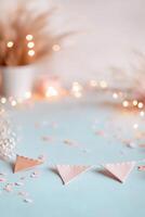 A vibrant bottom border features colorful bunting, glowing fairy lights, and confetti against a light neutral backdrop, creating a cheerful atmosphere perfect for community fairs photo