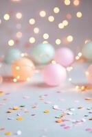 Colorful carnival bunting and glowing fairy lights decorate a light neutral background, accompanied by scattered confetti. This festive display brings joy and cheer to fairs and community gatherings photo