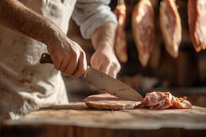 A butcher wearing a white apron meticulously slices fresh cuts of meat on a wooden block. The background features hanging cured meats, creating an artisanal atmosphere in the shop photo