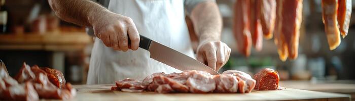 Butcher in a white apron slices fresh meat on a wooden block with a sharp knife. The rustic shop features cured meats hanging in the softly blurred background, creating a classic ambiance photo