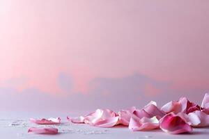 Pink and red rose petals are scattered gracefully across a smooth pastel background. The beautifully blurred upper area provides a perfect spot for text, enhancing a dreamy atmosphere photo