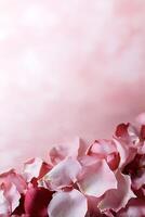 A collection of pink and red rose petals artfully arranged on a smooth pastel surface. The blurred upper area offers a dreamy backdrop for romantic messages or announcements photo