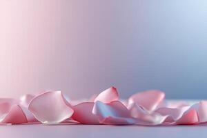 A collection of soft pink and red rose petals laid out gently against a smooth, pastel-toned backdrop. The dreamy, blurred upper area allows for elegant text placement, perfect for romantic occasions photo