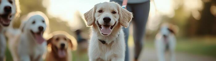 A cheerful dog walker in leisurewear holds multiple leashes, guiding several happy dogs through a vibrant park filled with greenery and walking paths photo