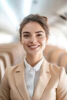 A smiling flight attendant in a stylish uniform greets passengers boarding a contemporary airplane. The cabin features soft lighting and comfortable seating, creating a warm travel environment photo