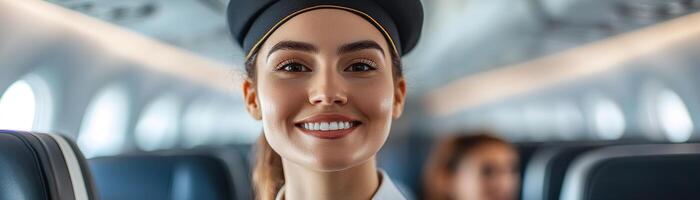 A flight attendant in a stylish uniform greets passengers as they enter a modern airplane cabin, creating a warm and inviting travel experience amid soft cabin lighting photo