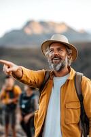 A travel guide in casual outdoor attire enthusiastically points at a stunning mountain landmark, captivating a group of intrigued tourists during an adventure-filled day in nature photo