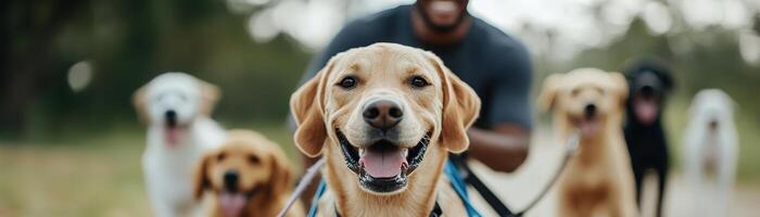 Bright, cheerful atmosphere as a dog walker in athletic wear leads several happy dogs through a park. The scene captures joy and the love of pet care in a friendly, inviting setting photo