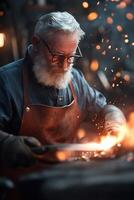 A skilled blacksmith in a leather apron hammers heated metal on an anvil, surrounded by fire embers and hanging tools, emphasizing traditional craftsmanship and skill photo