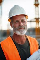 A construction worker in a hard hat and safety vest stands proudly at a construction site, holding blueprints while cranes and scaffolding rise in the background under a bright sky photo