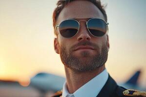 Confident airline pilot poses in crisp uniform and aviator sunglasses, showcasing professionalism and aspiration in front of a jet during a stunning sunset photo