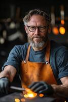 A skilled blacksmith wears a leather apron and gloves while hammering a glowing metal piece on an anvil in a warmly lit workshop. Background tools and fire embers enhance the rustic atmosphere photo