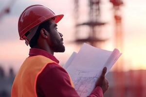 A confident construction worker in a hard hat and safety vest examines blueprints at a construction site. Towering cranes and scaffolding are featured in the softly blurred background photo