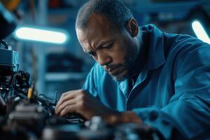 Focused auto mechanic in blue overalls works on a car engine, ensuring precision and care under bright workshop lights. Surrounding tools create a bustling atmosphere, emphasizing technical skill photo