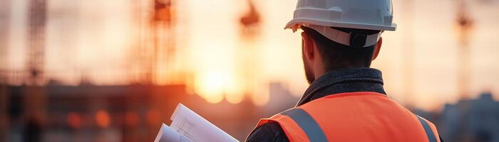 A construction worker stands confidently at a bustling site, studying blueprints while towering cranes and scaffolding create a dynamic backdrop under a clear sky photo