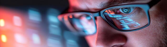 Cybersecurity expert wearing glasses examines security threats on a laptop screen. The dimly lit office features blurred graphs and encrypted data in the background, enhancing the tech atmosphere photo