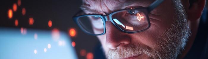 A cybersecurity expert wearing glasses is focused on the glowing screen of his laptop, analyzing potential security threats in a darkened office filled with graphs and encrypted data photo