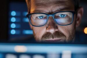 Cybersecurity expert wearing glasses deeply focused on a glowing laptop screen in a dimly lit office. The background shows graphs and encrypted data, highlighting a secure tech environment photo