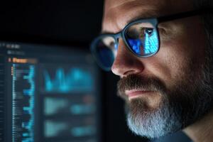 A cybersecurity expert wearing glasses focuses on assessing security threats displayed on a glowing laptop screen in a dark office. The background shows graphs and encrypted data photo