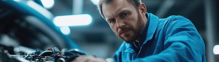 A skilled mechanic wearing blue overalls carefully examines a car engine, surrounded by toolboxes and hydraulic lifts. Bright lights illuminate the workshop, enhancing the technical atmosphere photo