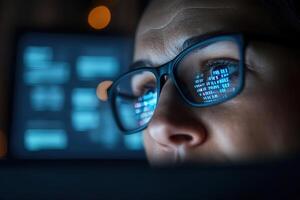 Cybersecurity expert wearing glasses examines security threats displayed on a glowing laptop screen in a dimly lit office. Encrypted data and graphs softly blur in the background photo