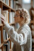 In a warmly lit library, a dedicated librarian dressed in a stylish cardigan reaches for a book on a tall wooden shelf while surrounded by neatly arranged volumes photo