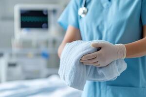 A nurse in blue scrubs gently adjusts a patient's blanket in a hospital setting. Monitors and IV drips in the background create a warm, caring atmosphere photo
