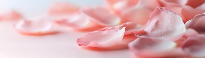 Pink and red rose petals are gently scattered on a smooth, pastel background. The upper section is softly blurred, perfect for text placement in wedding or Valentine's themes photo