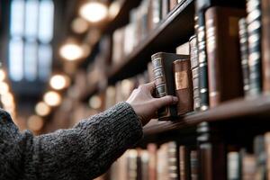 In a warmly lit library, a librarian in a stylish cardigan extends her hand to retrieve a book from a tall wooden shelf photo
