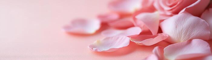 Delicate pink and red rose petals are gently scattered across a soft pastel background, creating a dreamy atmosphere ideal for weddings and romantic celebrations photo