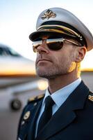 A commercial airline pilot stands confidently in a crisp uniform and aviator sunglasses, with a jet and glowing sunset sky creating an inspiring atmosphere for travel enthusiasts photo