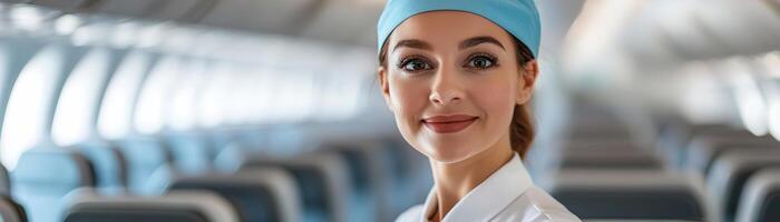A cheerful flight attendant in a stylish uniform greets passengers entering a modern airplane cabin. The softly blurred interior creates an elegant and inviting travel experience photo