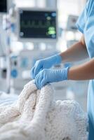 In a hospital setting, a dedicated nurse in blue scrubs gently adjusts a patient's blanket, ensuring warmth and comfort, while monitors and IV drips provide a supportive backdrop photo