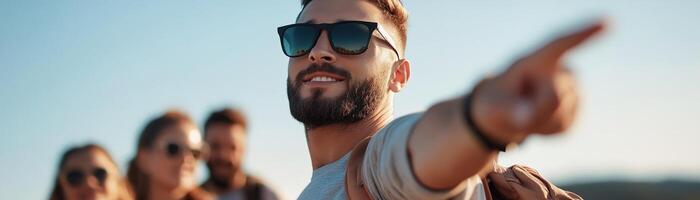 A travel guide enthusiastically points toward a stunning mountain landmark, engaging tourists in an exciting outdoor adventure under a clear blue sky photo