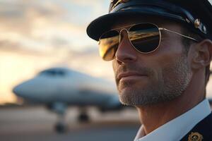 A commercial airline pilot wearing a crisp uniform and aviator sunglasses stands proudly in front of a jet. The glowing sunset sky creates a powerful backdrop for this aspirational scene photo
