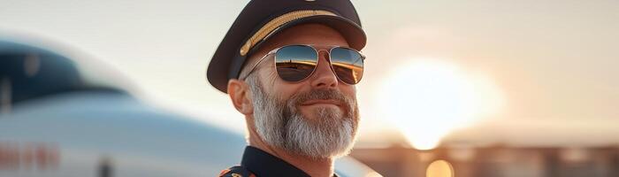 Standing confidently in a crisp uniform and aviator sunglasses, the airline pilot enjoys a sunset backdrop while showcasing dedication to aviation and travel photo